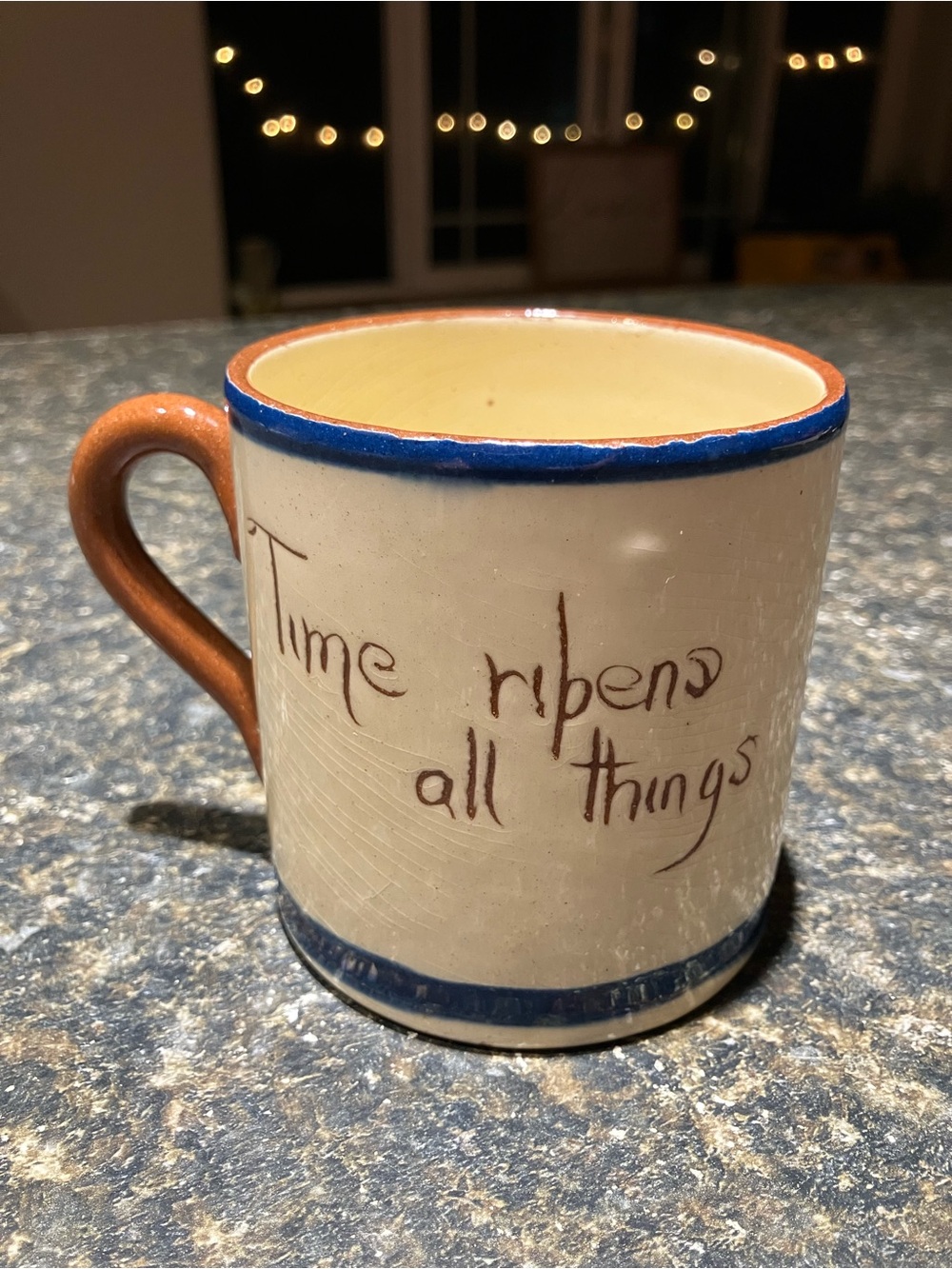 Vintage Motto Wear cottage mug /cup green brown cream “ time ripens all things”